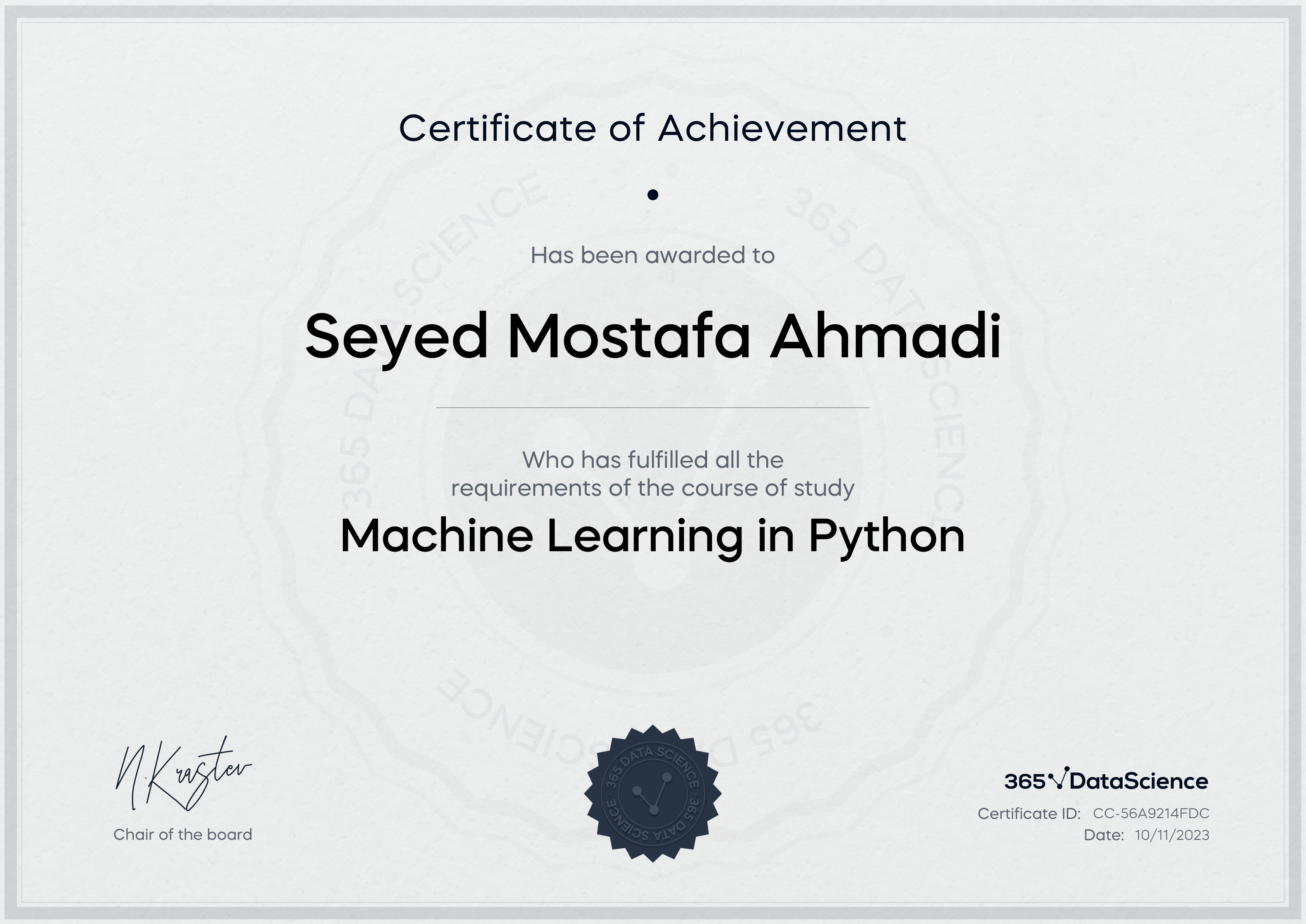 365 Machine Learning certificate preview