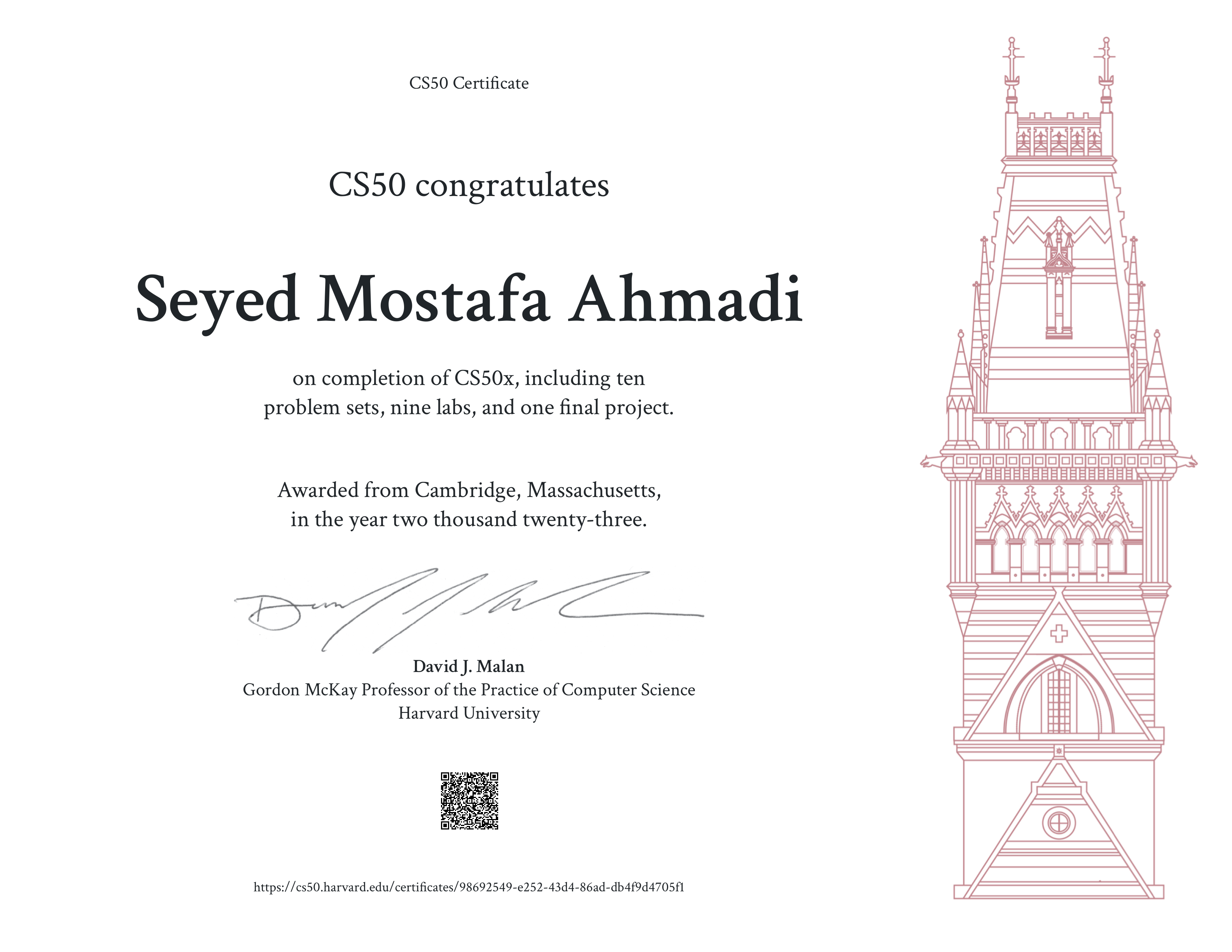 Harvard CS50x certificate preview