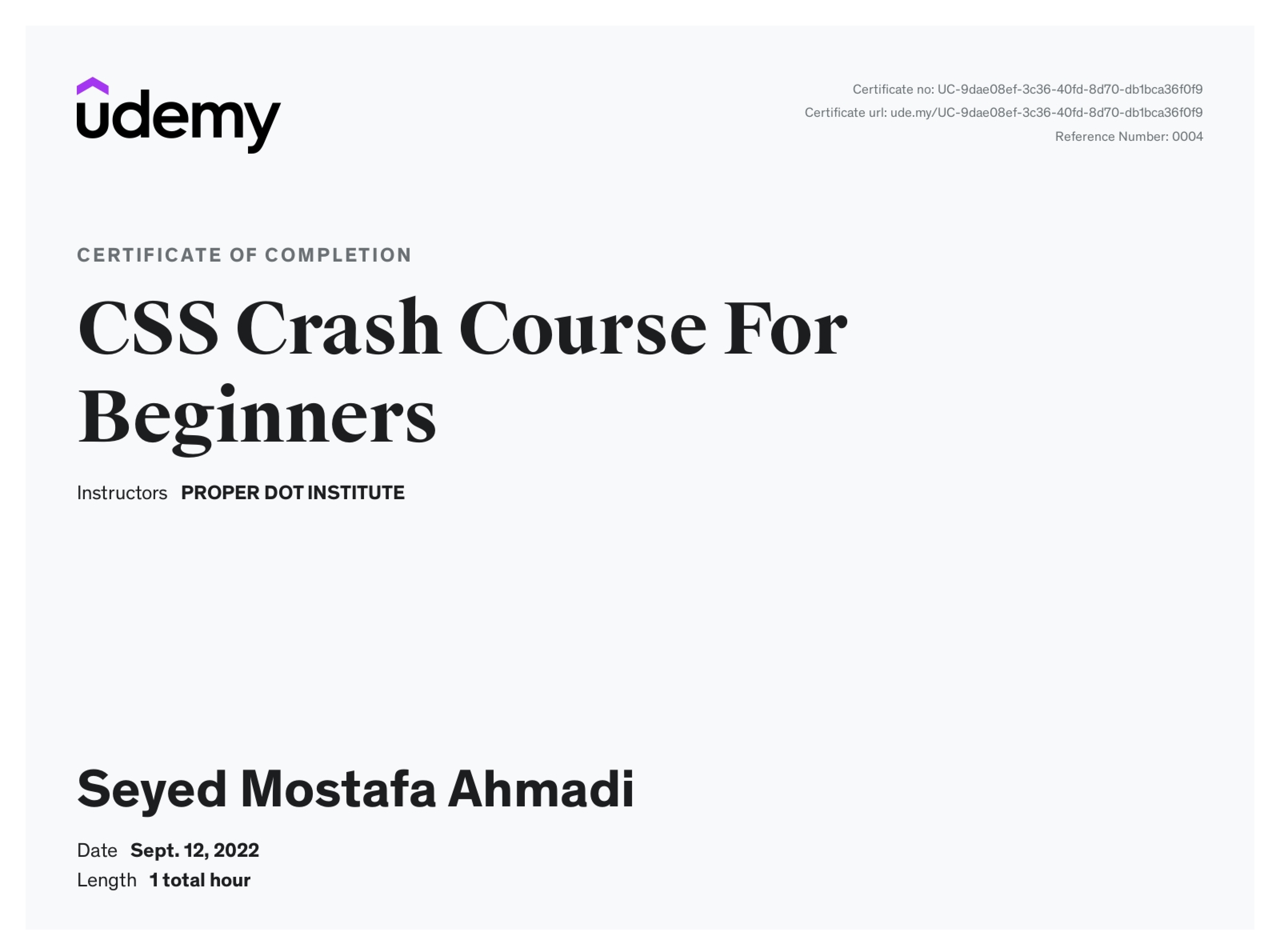 Udemy Basic CSS certificate preview